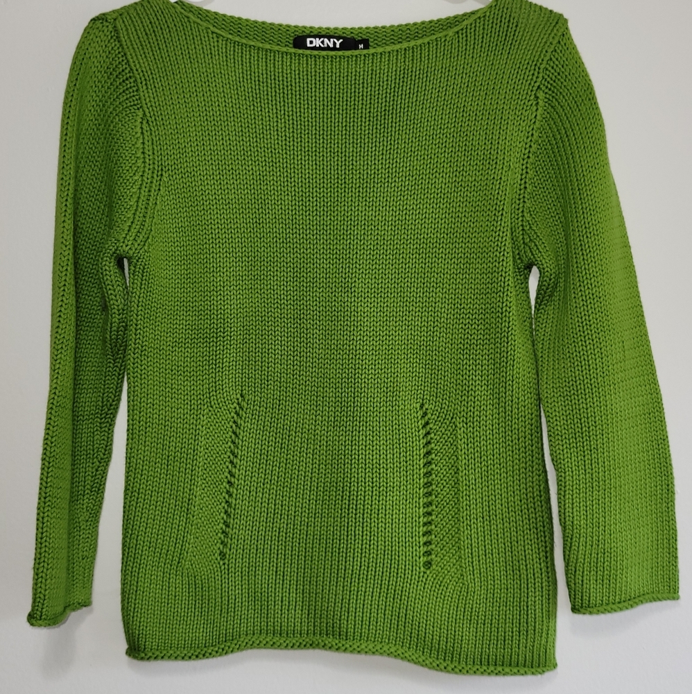 DKNY Sweater Boatneck Elbow 3/4 Chunky Knit Cotton Matcha Green Medium